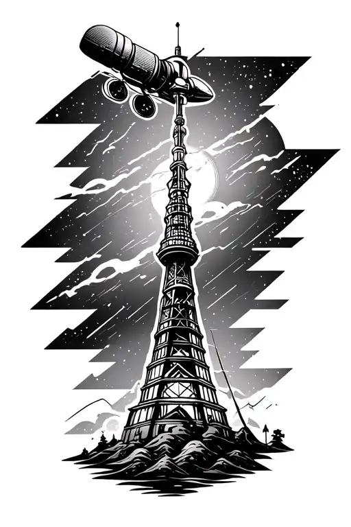 fineline tattoo from wrist to inside elbow, radio tower on wrist with stereo wave form going to a satellite on my elbow tattoo design idea