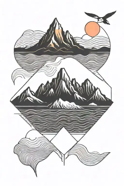vertical spine slim minimal  feminine. mountains, waves, wales, sunset tattoo design idea