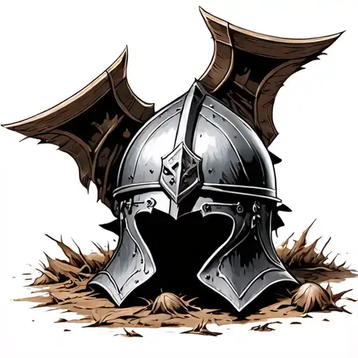 crusaders helmet laid on the ground in battle, lots of detail in the helmet tattoo design idea
