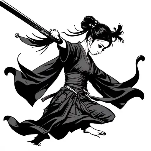 Generate me a tattoo for a back, neo-Japanese design, of a female ninja in a kimono in a combat stance, raising tattoo design idea