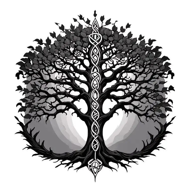 a greyscale ink drawing tattoo designed for a woman's shoulders and backof a Celtic tree of life with its branches and r tattoo design idea