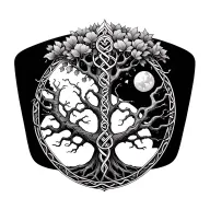 a greyscale ink drawing tattoo designed for a woman's shoulders and backof a Celtic tree of life with its branches and r tattoo design idea
