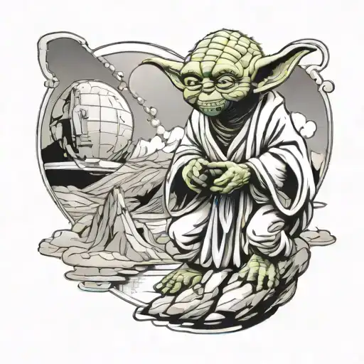 A futuristic Star Wars scene featuring Yoda and a mountain range in the background tattoo design idea