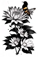 water lily, daisy, bee, huming birds side view tattoo design idea