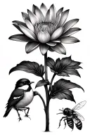 water lily, daisy, bee, huming birds side view tattoo design idea