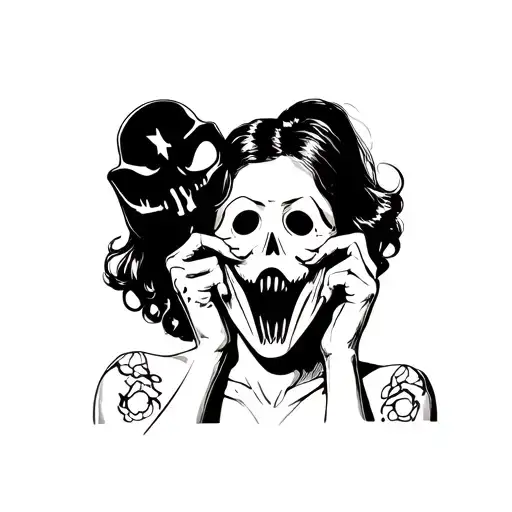 tatum from scream american traditional pinup style holding a ghost face mask tattoo design idea