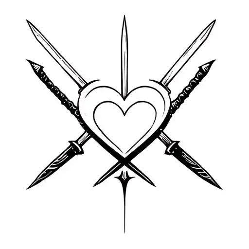1 heart crossed by 3 swords going tattoo design idea