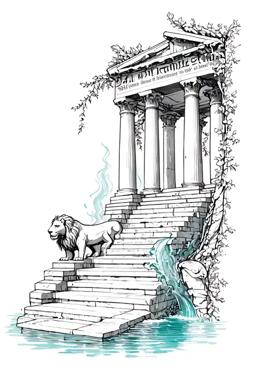 dainty Greek ruins with vines and ancient greek writings with lion and water going down the stairs tattoo design idea