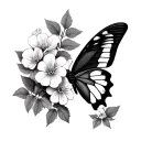 a black and white butterfly with one wing normal and the other geraniums and impatiens  tattoo design idea