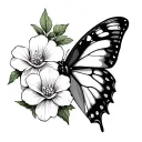 a black and white butterfly with one wing normal and the other geraniums and impatiens  tattoo design idea