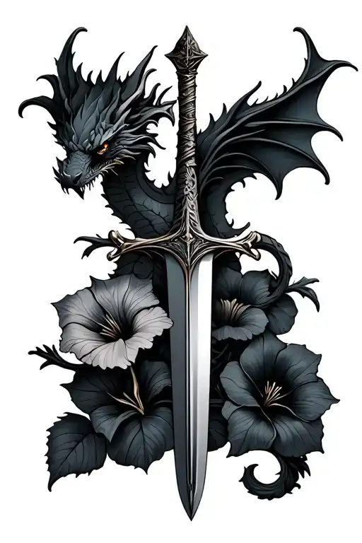 A dagger with a dragon and morning glory flowers curled around it tattoo design idea