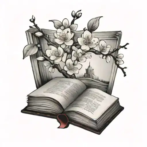open book with plum blossoms coming out tattoo design idea