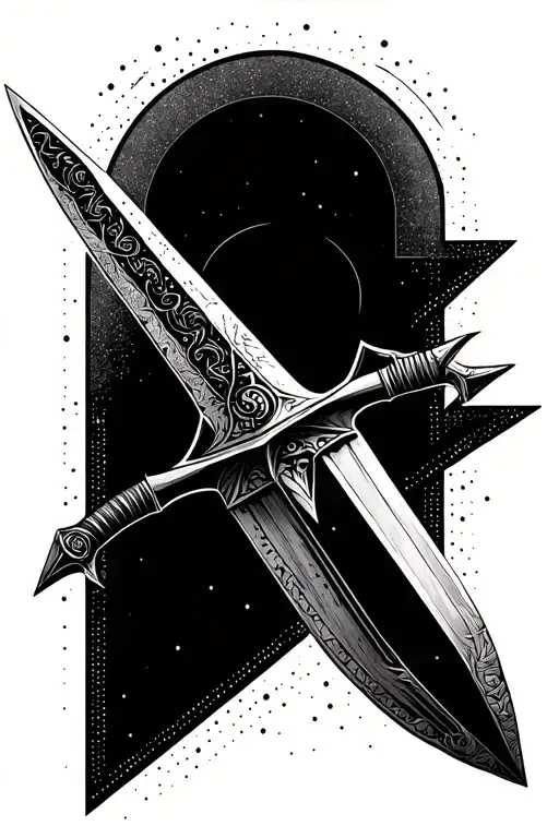 Detailed longsword within simple geometric shapes, within triangles and circles, shaded tattoo design idea