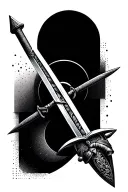 Detailed longsword within simple geometric shapes, within triangles and circles, shaded tattoo design idea