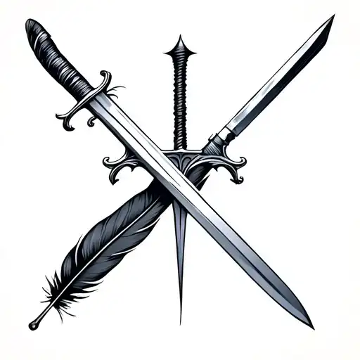 A sword and a quill (feather pen) crossed like an X, symbolizing the balance between words and strength. tattoo design idea