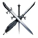 A sword and a quill (feather pen) crossed like an X, symbolizing the balance between words and strength. tattoo design idea