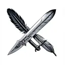 A sword and a quill (feather pen) crossed like an X, symbolizing the balance between words and strength. tattoo design idea