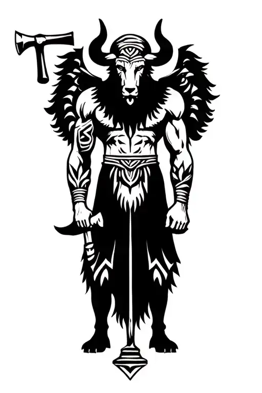 Greek Minotaur legend standing guard with hammer tattoo design idea