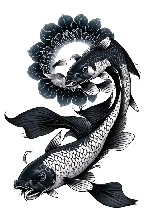 2 kois eating a sun in black and grey tradition japanese style tattoo design idea