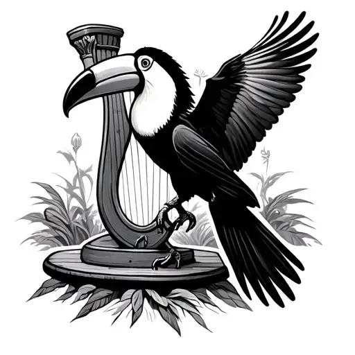 Guinness toucan flying in front of big distant Guinness harp background tattoo design idea