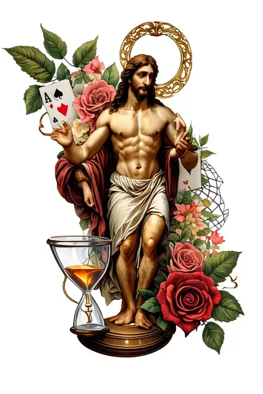 A whole sleeve, Jesus on the shoulder, old scales for biceps, on the forearm of the hourglass, femid, roses, cards, web on the elbow, tattoo design idea