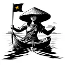 Boatman in a Vietnamese hat with a Vietnamese flag on her hat, rowing on a boat on sunset. tattoo design idea