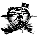 Boatman in a Vietnamese hat with a Vietnamese flag on her hat, rowing on a boat on sunset. tattoo design idea