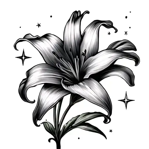 stargazer lily flower and tiny stars with wispy clouds tattoo design idea