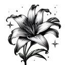 stargazer lily flower and tiny stars with wispy clouds tattoo design idea