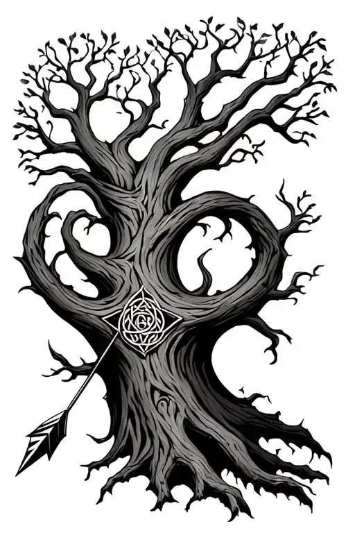 Celtic elder wood tree with arrow going all tattoo design idea