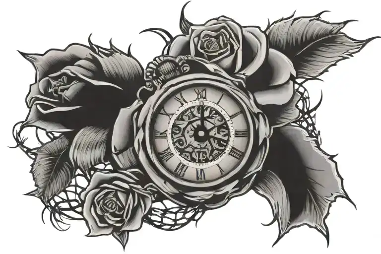 rose and clock and barbed wire   tattoo design idea