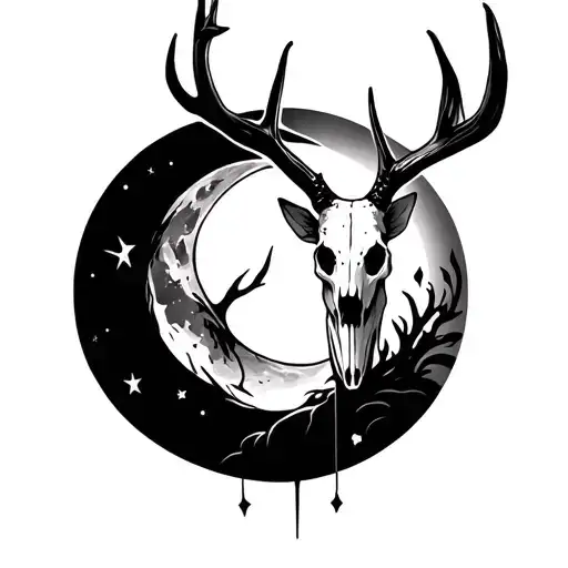 deer skull moon tattoo design idea