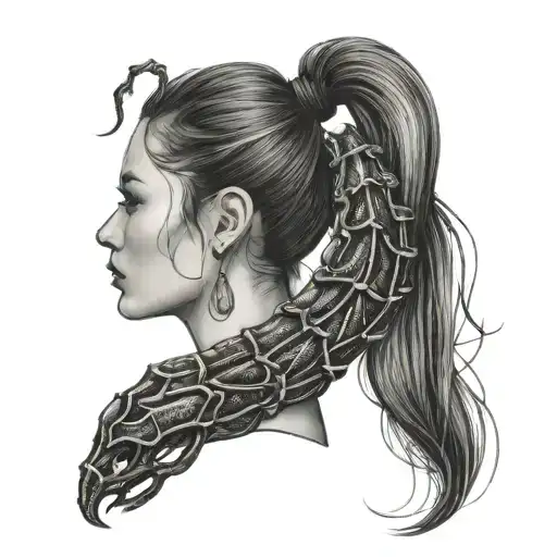  beautiful girl in profile, hair gathered in a ponytail in the shape of a scorpion sting tattoo design idea