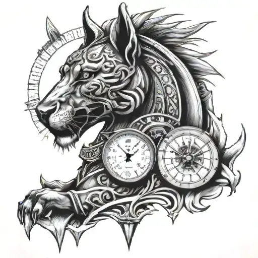 speedometer, anubis , ruler , samurai warrior , lion tattoo design idea
