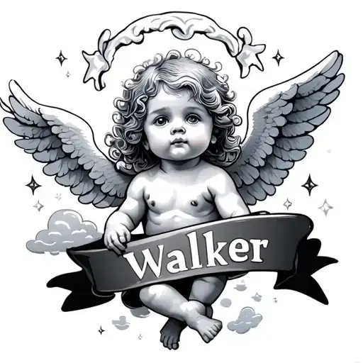 realistic cute cherub angel with clouds shaded and the name 'walker' with sparkles surrounded  tattoo design idea