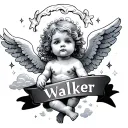 realistic cute cherub angel with clouds shaded and the name 'walker' with sparkles surrounded  tattoo design idea