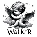 realistic cute cherub angel with clouds shaded and the name 'walker' with sparkles surrounded  tattoo design idea