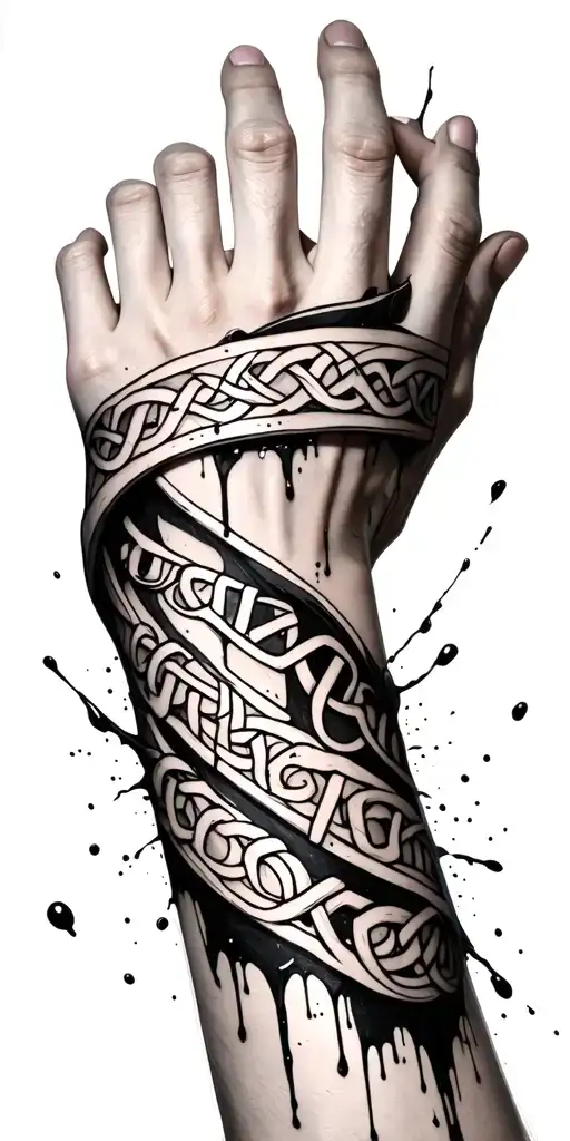 Wrap the text around the forearm like a runic band, with interlacing knotwork framing it.     Add subtle blood splatter tattoo design idea