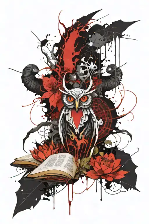 Spider, lotus, owl, book, satyr, crane tattoo design idea
