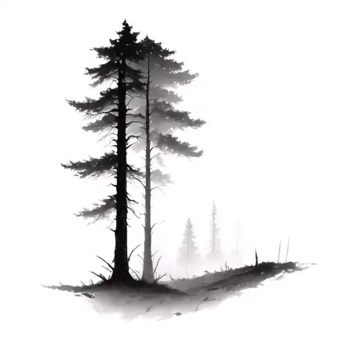 faded dark forest landscape foggy forest tattoo design idea