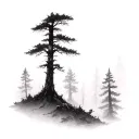 faded dark forest landscape foggy forest tattoo design idea