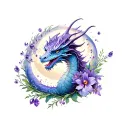 dragon with violet and primrose flowers and moonlight with amethyst and aquarius  tattoo design idea