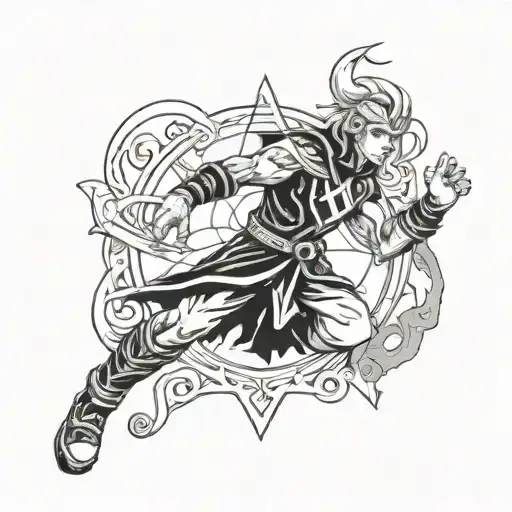 A tattoo of Norse mythology, anime like Naruto, Elden ring, I’m Christian and I love super hero’s like flash and super m tattoo design idea