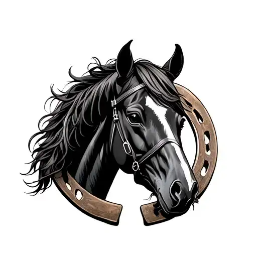 head of a horse looking forward inside of a horseshoe  tattoo design idea