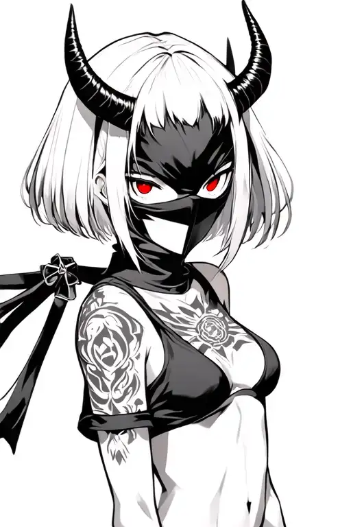 Anime, ninja mask girl, gotic style, short hair with bangs, red eyes and horns tattoo design idea