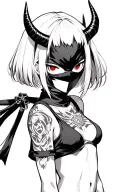Anime, ninja mask girl, gotic style, short hair with bangs, red eyes and horns tattoo design idea