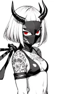 Anime, ninja mask girl, gotic style, short hair with bangs, red eyes and horns tattoo design idea