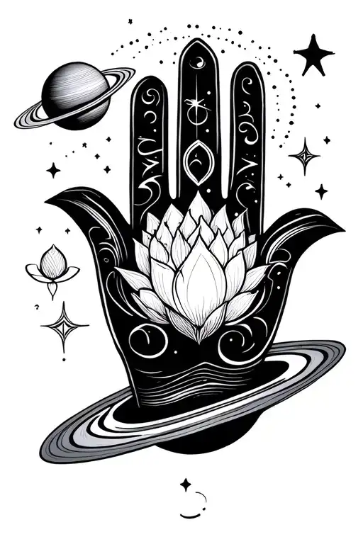 Make a tattoo design including Aquarius symbol, saturn planet, Aquarius stars alignment, hamsa hand , lotus, air waves, tattoo design idea