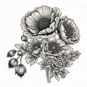a bouquet with only three flowers- a poppy, a violet, a aster tattoo design idea