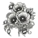 a bouquet with only three flowers- a poppy, a violet, a aster tattoo design idea
